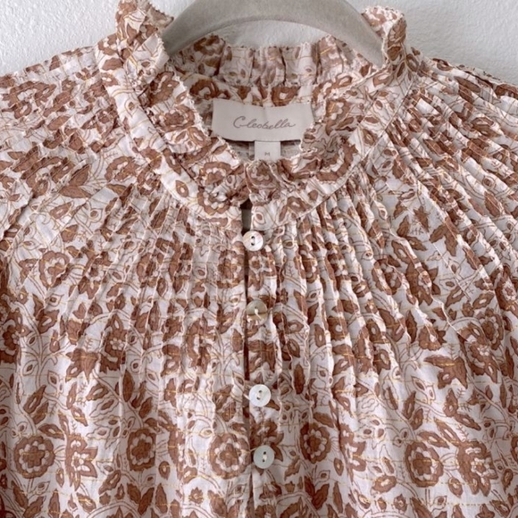 Cloebella Rezza Floral Neutral Metallic Smocked Sleeve Blouse Medium - Picture 7 of 15